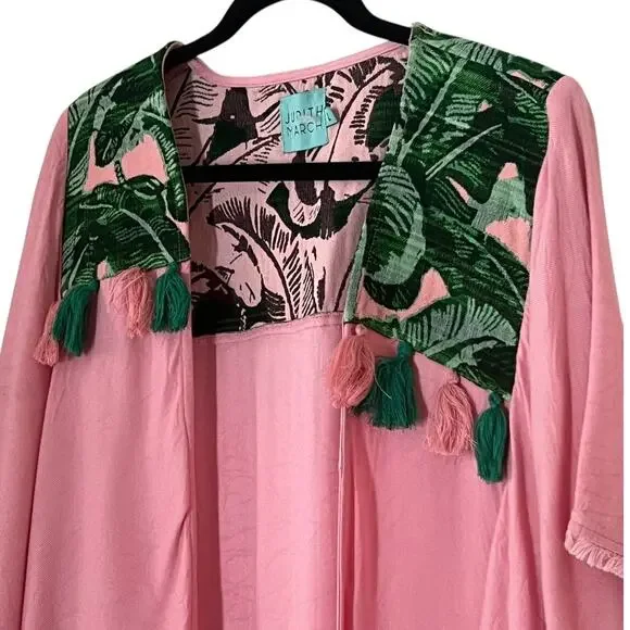 Judith March Tropical Pink & Green Tassel Palm Leaf  Fringe Hem Kimono Size L - Picture 5 of 10